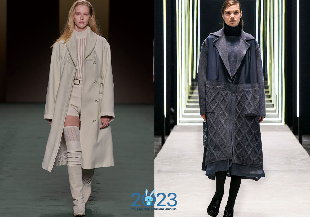 Модные женские пальто с вязаными вставками на 2023 год
